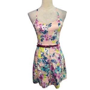 Candies Juniors Pink Floral Print Racerback Belted Dress Size 5 Fit And Flare